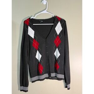 Les Collections Argyle Cardigan Sweater L Gray Red Grandpacore Fall Cozy V-Neck